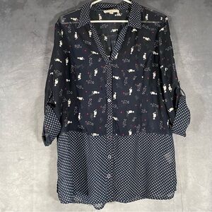 Sheer Kitty Cat Print Button Top All Over Print Blue Shirt Lightweight Sz L